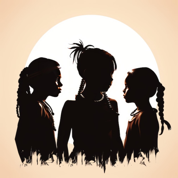 Photo tradition preserved native american children's silhouette trio amid a white canvas