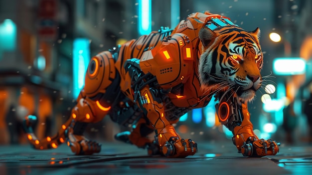 Tradition speeds through innovation Robotic tiger in pastel city