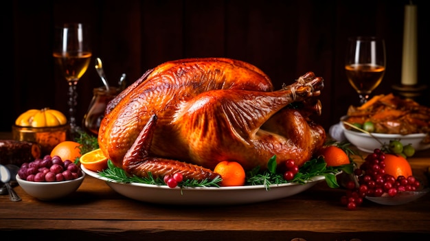 美しく整えられた七面鳥の食卓に焦点を当てた感謝祭の宴の伝統