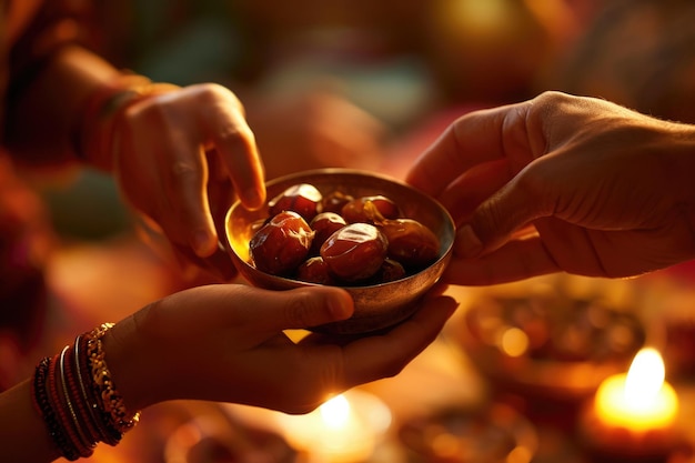 Tradition of Unity A scene capturing hands reaching for dates signifying a shared tradition or gathering