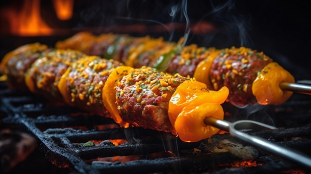 Foto kebab tradizionale di adana grigliato su una griglia con arance