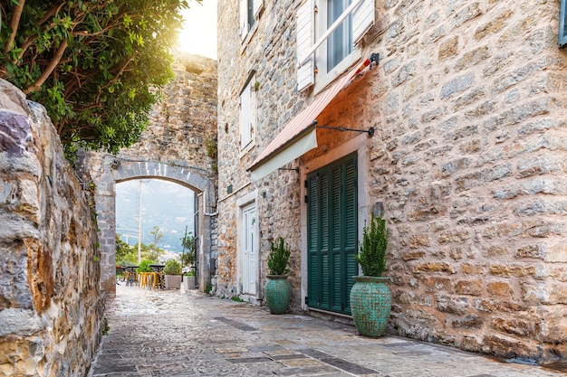 Traditional adriatic street in the Old Town Of Budva Montenegro