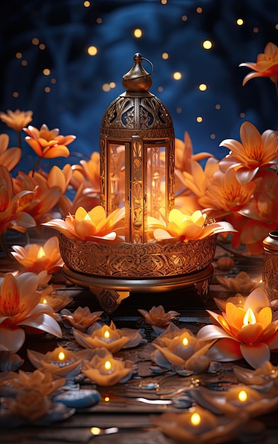 Traditional Aesthetics 3D Illustration of Diwali with Ornaments and Diode Lights