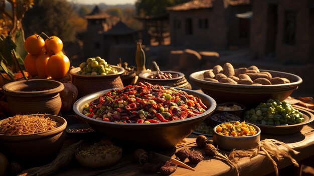 Traditional African cuisine delicacies couscous chicken vegetables hot spices and more