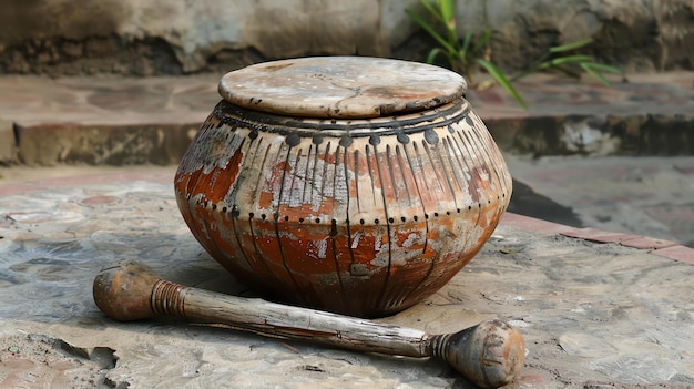 A traditional African drum made of clay and animal skin