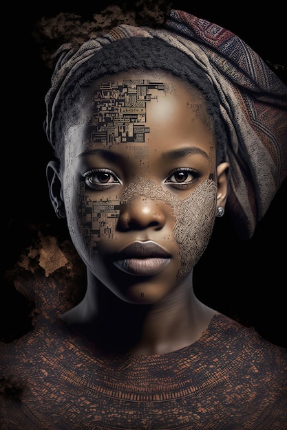 Photo a traditional african girl showcasing her blackwork tattoo of the african map generated by ai