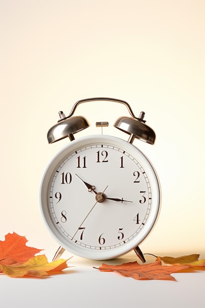 Traditional alarm clock yellow maple leaves the concept of the end of summer time a return to fall