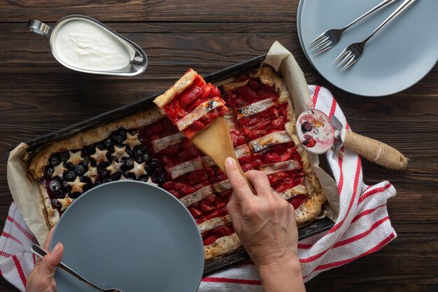 Traditional American Independence Day or Labor Day Strawberry Pie in the Shape of a Flag, Top View