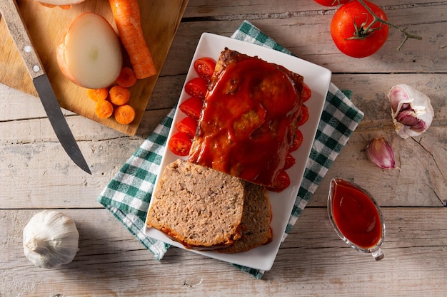 Traditional american meatloaf with ketchup on wooden table