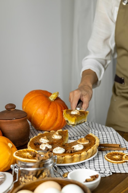 Traditional American pumpkin pie with cinnamon