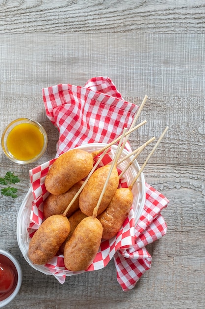 Traditional american street food corn dogs