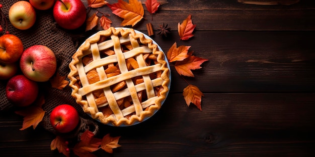 Traditional apple pie with braided crust on a wooden table with apples and fallen withered leaves