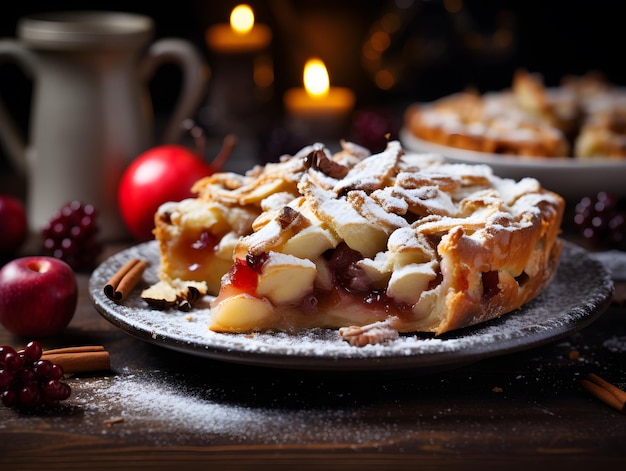 Traditional apple pie with cinnamon and sugar on wooden background selective focus