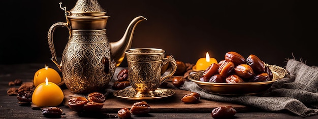 Traditional arabic coffee with dates ramadan decor with arabian coffee