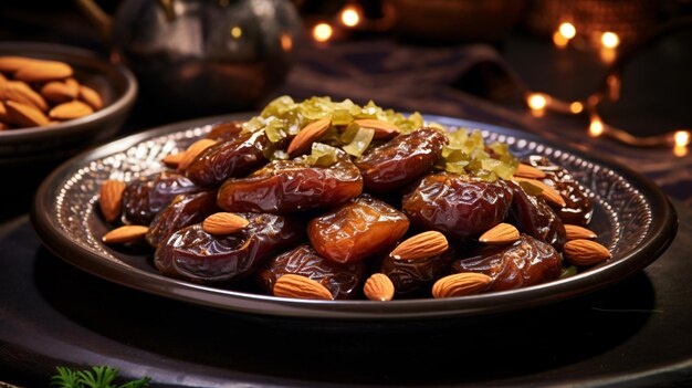 traditional Arabic cuisine served during Ramadan highlighted by succulent dates and almonds