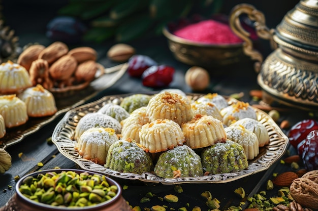 Traditional Arabic Eid sweets assorted maamoul cookies with nuts