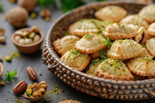 Foto dolci tradizionali arabi per l'eid maamoul o biscotti mamoul con pistacchi e mosca di noce maamoul