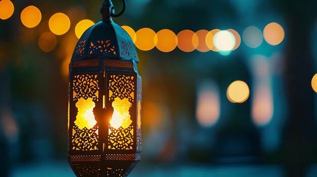 Photo traditional arabic lantern lit up to celebrate ramadan the holy month