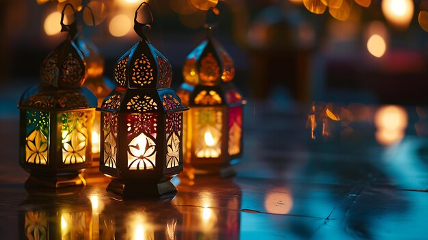 라마단을 축하하기 위해 전통적인 아랍 랜턴이 켜졌습니다. 라마단 개념을 둘러싼 보케 불빛