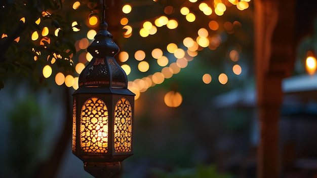 Photo traditional arabic lantern lit up for celebrating holy month of ramadan bokeh lights surrounding ramadan concept