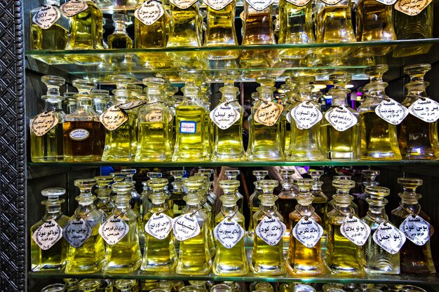 Traditional arabic parfumes bottles on the market in amman, jordan