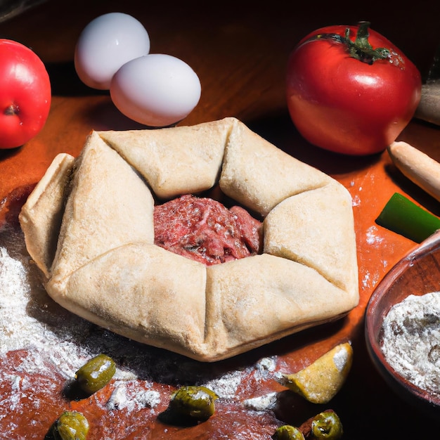 Traditional Arabic sfiha open meat sfiha with onion and lemon concept on wooden table with ingredientes on the side like salt tomato