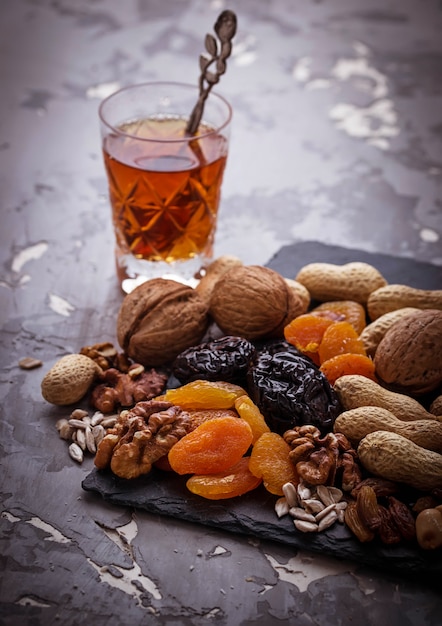 Traditional arabic tea and dry fruits and nuts