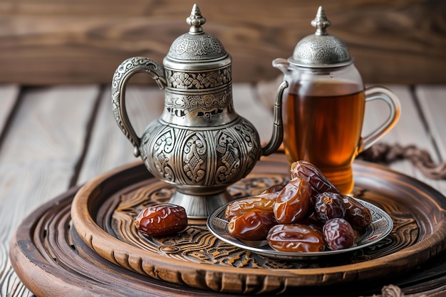 Traditional arabic tea set and dried dates