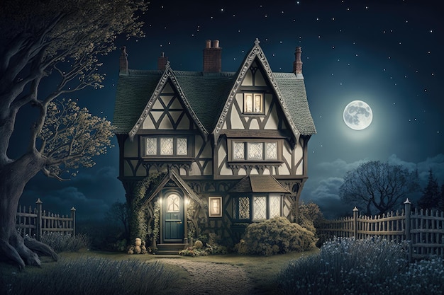 Traditional architecture of cottage in moonlight exterior of a classic house at night