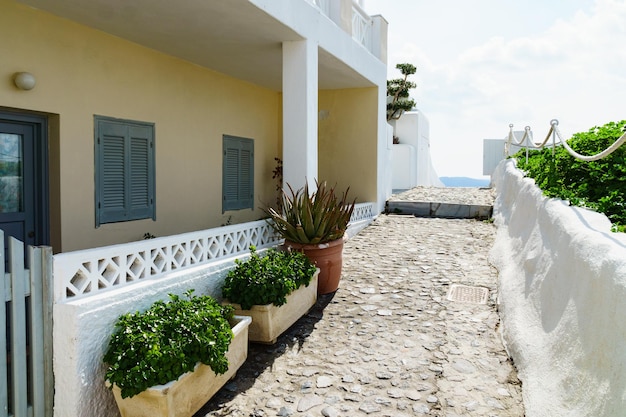 Traditional architecture on Santorini island Cyclades Greece Light buildings with grey doors and windows Green plants in pots