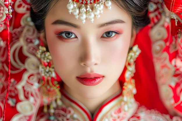 Traditional Asian Bridal Makeup and Headdress Portrait of Young Woman in Red Wedding Attire
