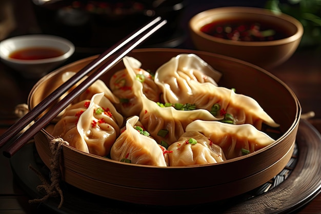 Traditional Asian dumplings served in a bowl with chopsticks for dinner or lunch