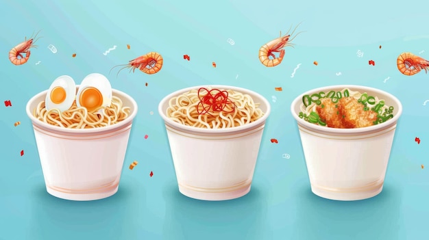 Traditional Asian fast food bowl with ramen fried eggs meat spicy shrimps pulled pork on a white background Modern cartoon illustration