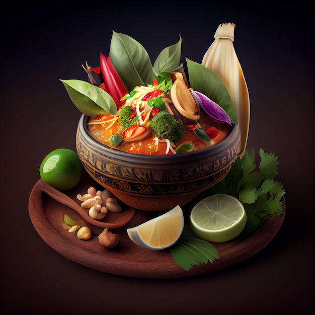 Foto illustrazione della rappresentazione 3d della composizione del cibo asiatico tradizionale