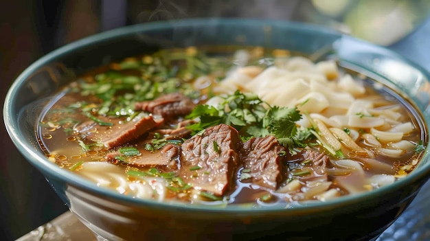 Traditional Asian Noodle Soup Bowl with Beef and Herbs Fresh Ingredients Comfort Food Concept