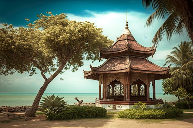 Traditional asian pagoda with garden to sea beachfront villa generative ai