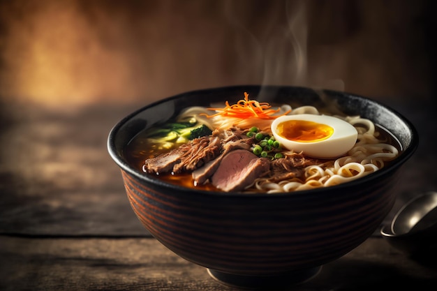 Traditional Asian ramen in a restaurant on a blurred background. Generated by AI.