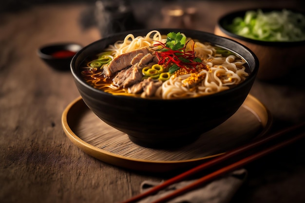 Photo traditional asian ramen in a restaurant on a blurred background. generated by ai.