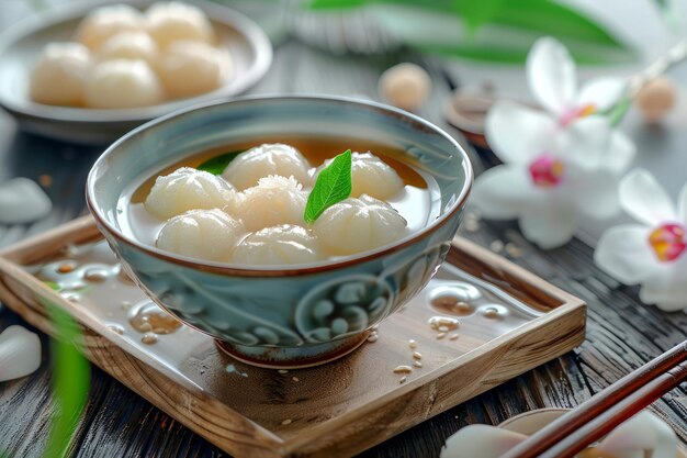 Traditional Asian Sweet Rice Dumplings in Syrup with Cherry Blossoms Decor on Wooden Background