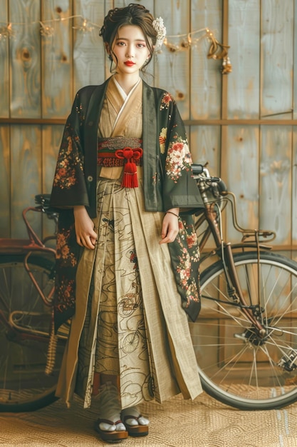 우아한 키모노를 입은 전통적인 아시아 여성이 시골적인 장식으로 빈티지 자전거 실내 근처에 서 있습니다.
