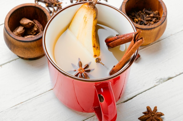 Traditional autumn alcoholic drink.Warm pear mulled wine.Pear wine with spices.