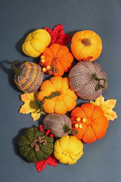Traditional autumn background Assorted of knitted pumpkin handmade concept