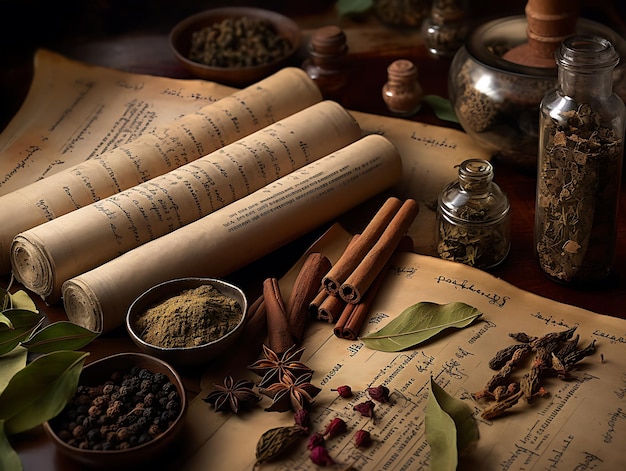 Photo traditional ayurveda herbs and manuscript text