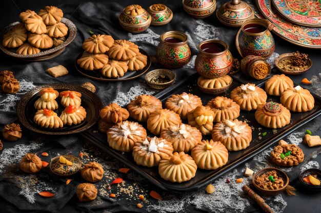 Traditional azerbaijan holiday novruz cookies baklavas and shakarburas on black tray