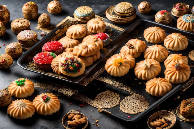 Photo traditional azerbaijan holiday novruz cookies baklavas and shakarburas on black tray