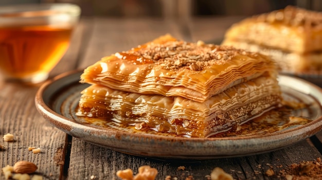 전통적 인 바클라바 페이스트리 (Baklava Pastry) 는 농촌 목조 테이블에 과 견과류를 넣은 접시에서 맛있는 달한