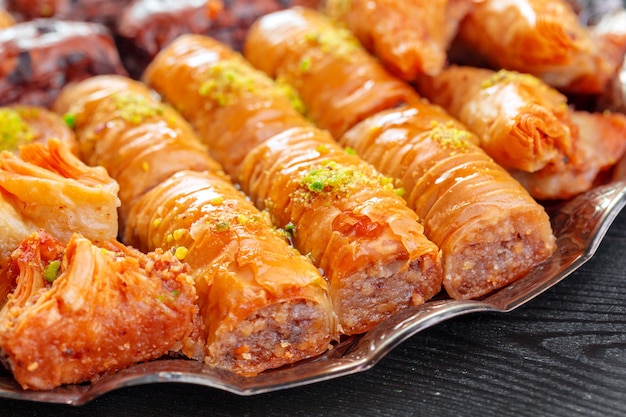 Traditional Baklava on wooden surface Table