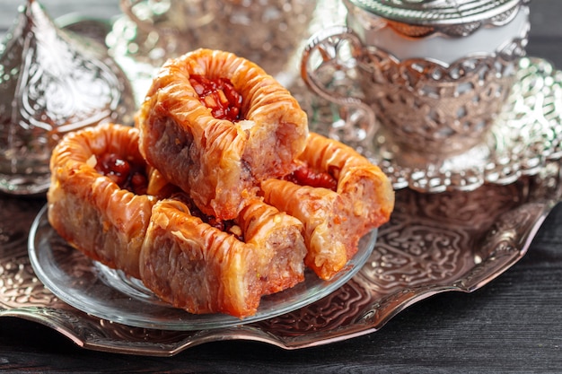 Traditional Baklava on Wooden Table