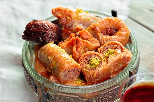 Traditional Baklava on Wooden Table