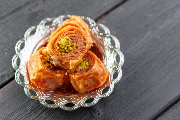 Traditional Baklava on Wooden Table